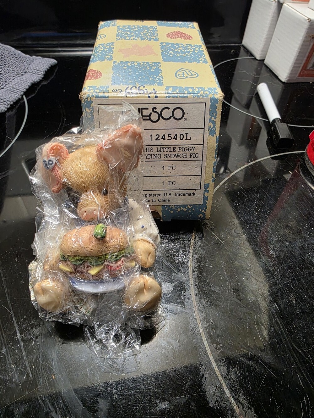 Enesco Pink Piglet Figurine Holding Sandwich with Box
